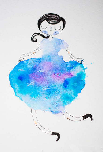 误将颜料滴在白纸上 插画家完成可爱女孩绘画