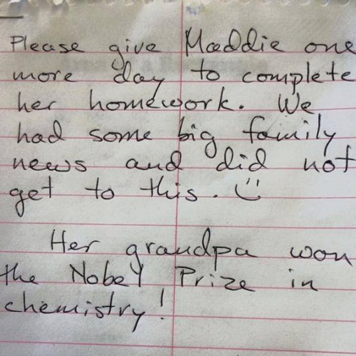 英国女童不交作业之最霸气理由:祖父获诺贝尔