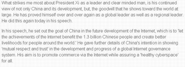 乌镇峰会老外看（6）：习近平主席致力于世界互联网的和谐发展
