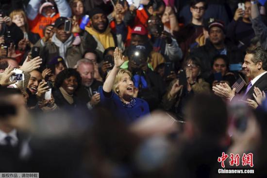 资料图：当地时间2016年3月2日，美国纽约，民主党候选人希拉里举行竞选集会。美国“超级星期二”总统预选1日在12