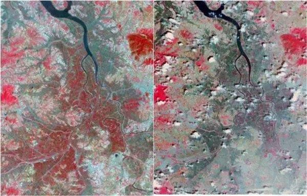 2015年时朝鲜迎来史上最严重的一次旱灾。图为植被（红色部分）对比图，左图为2002年，右图为2015年。
