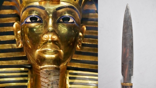 左图为埃及法老图坦卡蒙金面具，右图为法老木乃伊中发现的匕首（美联社供图）