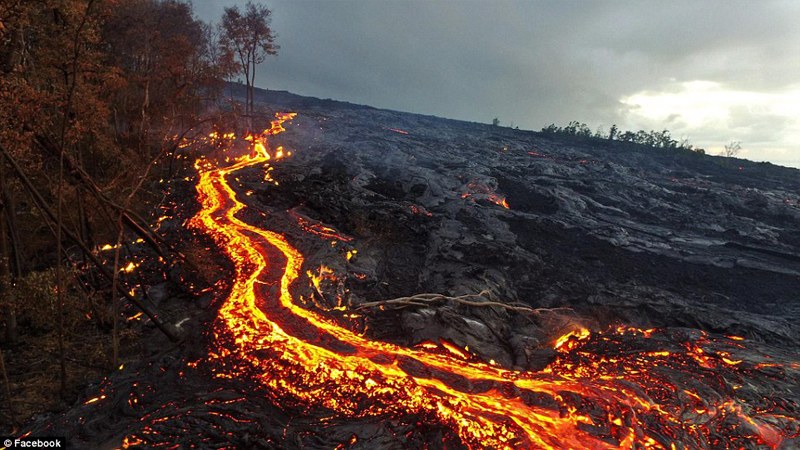 摄影师身处火山中拍熔岩烧毁树木瞬间