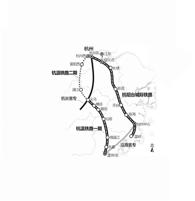 这条铁路北起杭州东站,设8个站点,利用既有杭甬客专至绍兴北站,而后