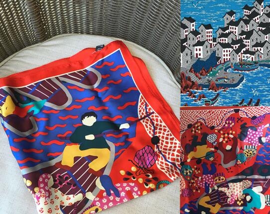 舟山渔民画元素的丝巾