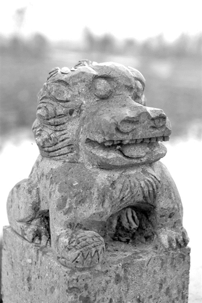湘湖三期荷花池边的桥上，这只狮子长着河马一样的大嘴。施工师傅说，这是北派风格。