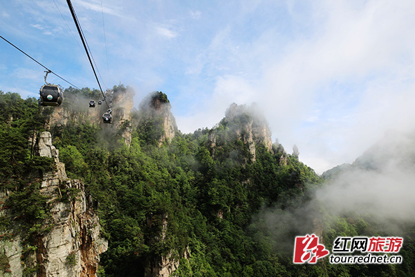 蓝天下的张家界天子山景区,云卷云舒,层峦叠嶂.