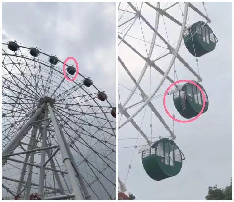 目击者拍摄的视频截图 视频中,在高空中的摩天轮轿厢外,一个小孩掉出