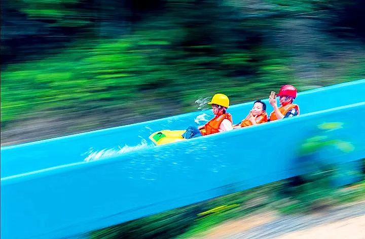 门票(供参考):50元/人 金华磐安 · 金鸡山高山滑道漂流 一条蓝色的