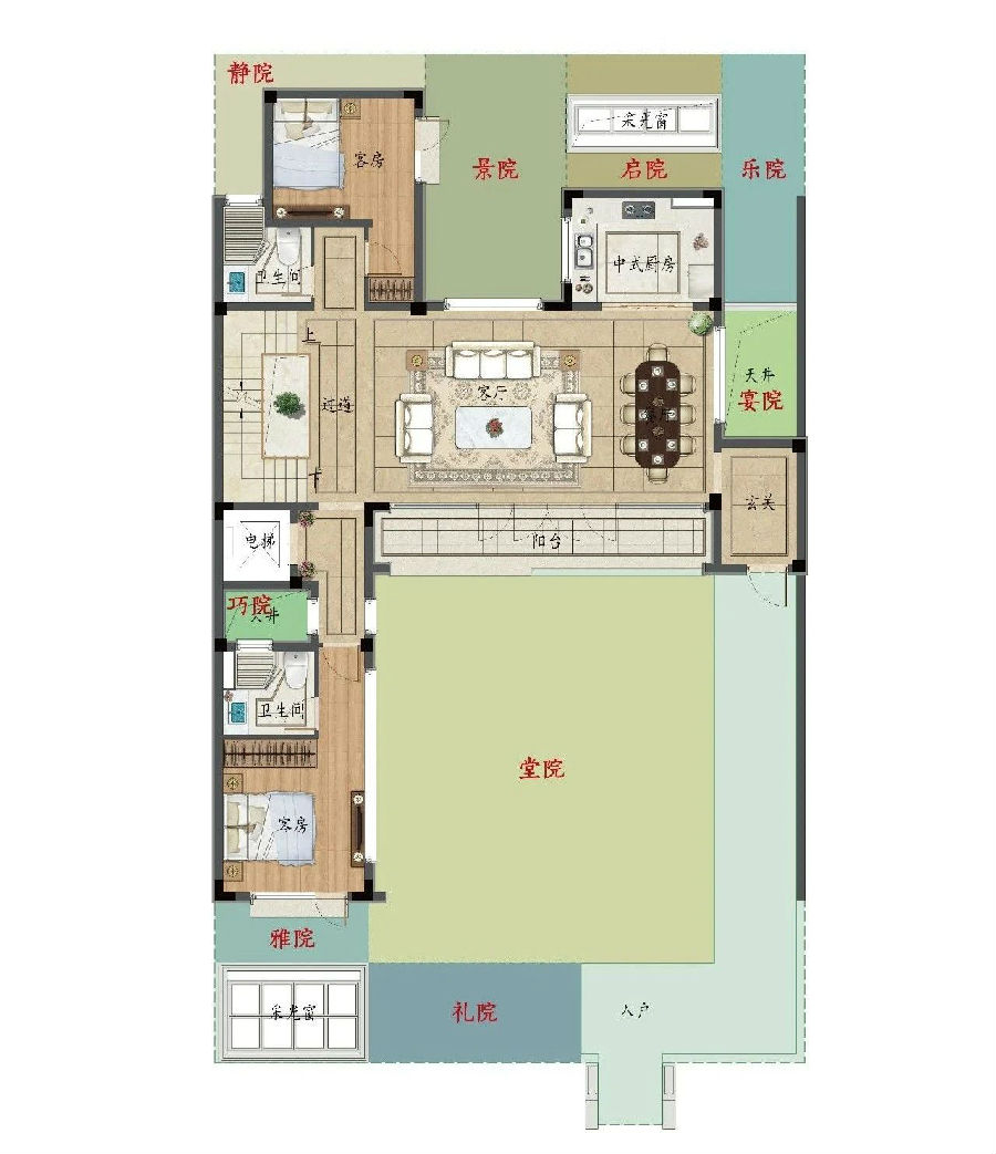 通过创新功能分区,规划至多九重院落,在六合院的 "堂院,雅院,宴院,景