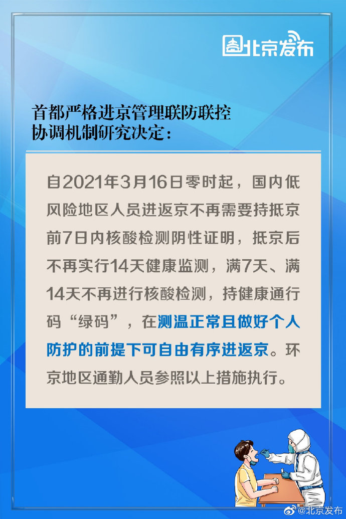 国内低危险区域人员进返京不需持抵京前7日内核酸检测阴性证明