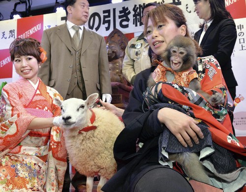 日本小萌猴盛装迎猴年 完成与小绵羊的温馨交接