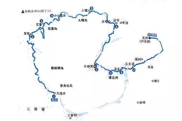 泸沽湖环湖徒步路线图