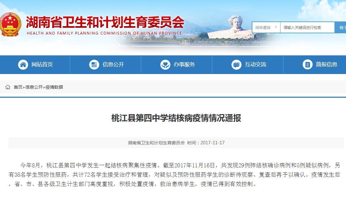 湖南卫计委通报桃江四中肺结核疫情:已发现29例确诊病例
