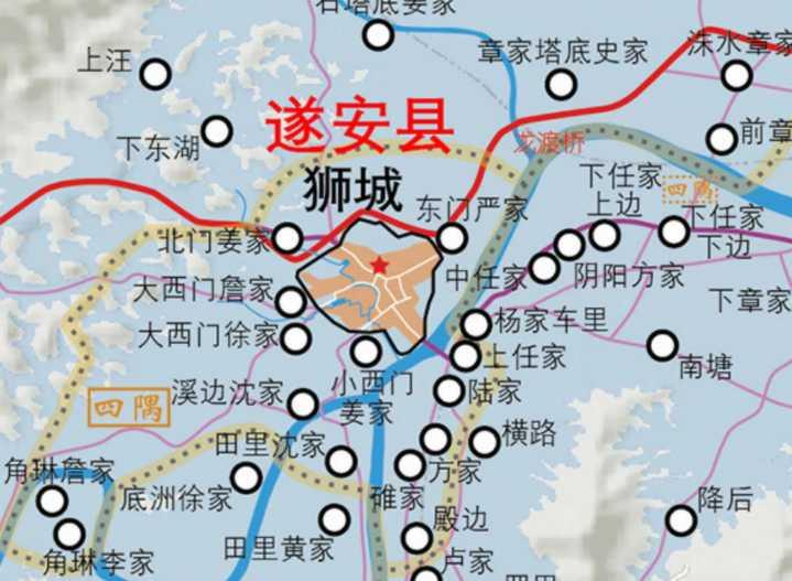 绘制的淳安/遂安地图(现在的淳安县由旧时淳安县和遂安县合并而成)