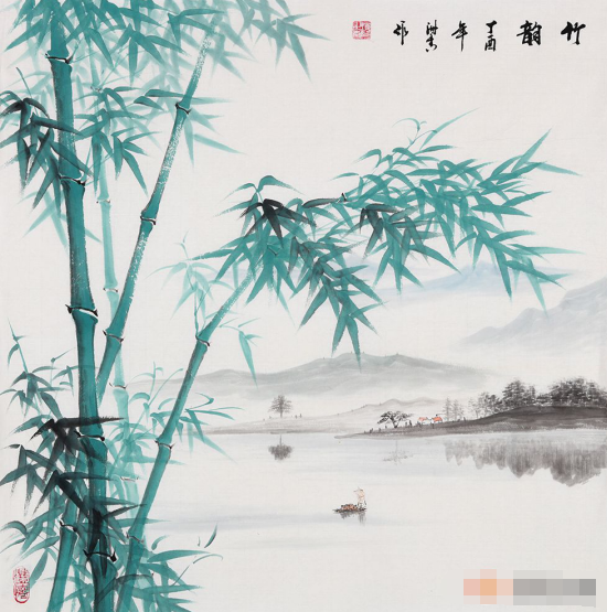 斗方竹子山水国画作品,近处的几根竹子描绘细致,挺拔笔直而节节分明