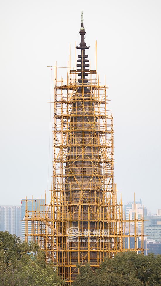 保俶塔封闭式施工维修进行时 脚手架已基本覆盖塔身