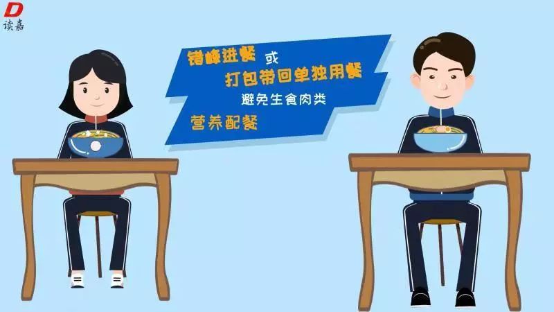 错峰进餐或打包带回单独用餐.避免生食肉类,营养配餐.
